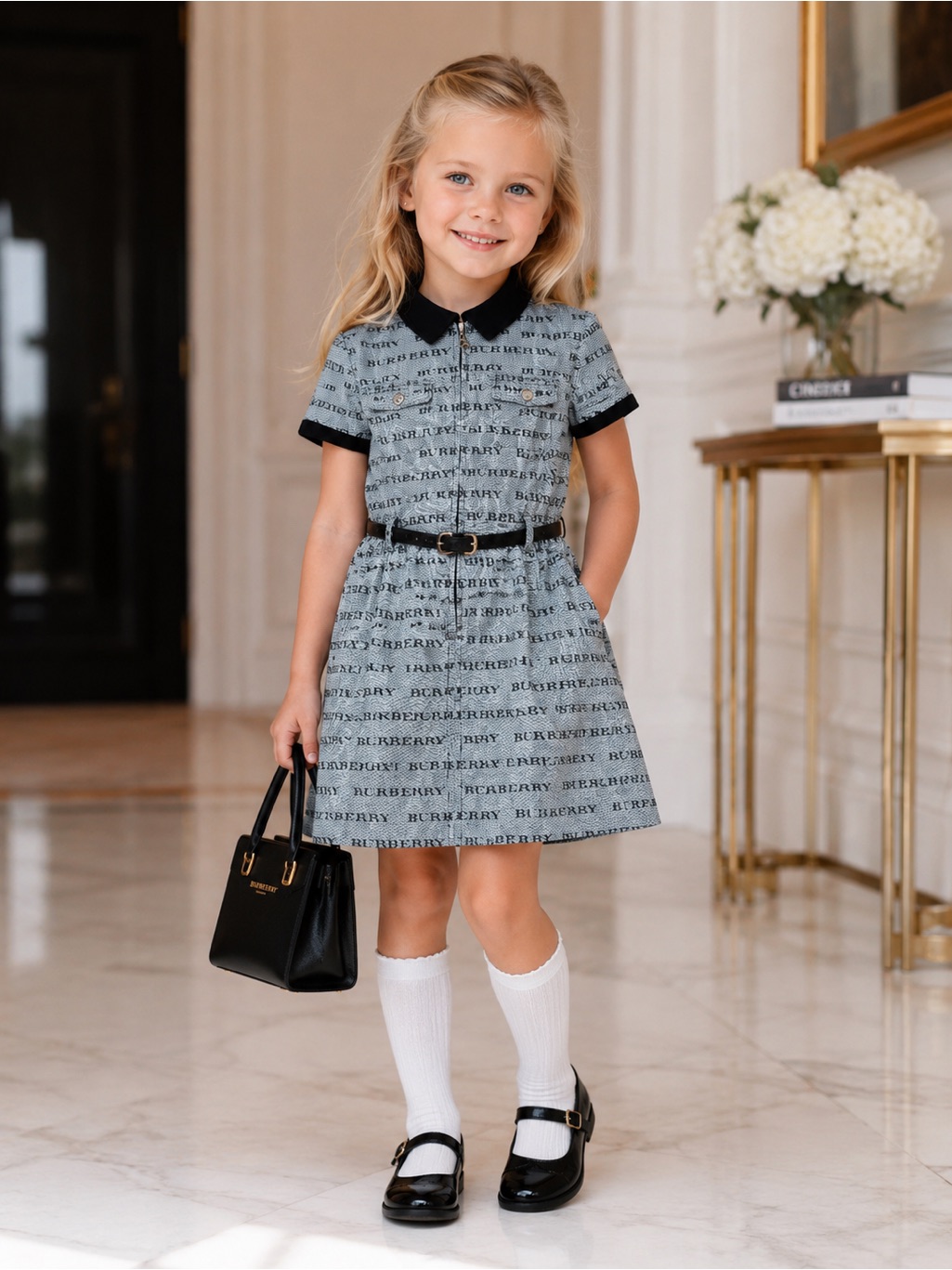 Burberry Girls Word Label Collared Belted Dress